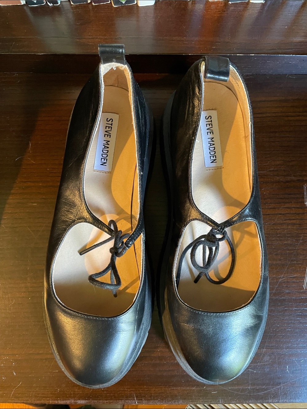 Steve Madden Black Leather Tie-Front Mary Jane Platforms
